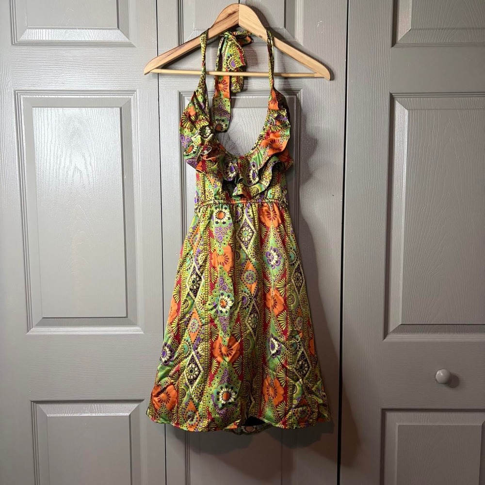 Judith March Womens Floral Ruffle Halter Midi Dress Multicolor Boho Size S